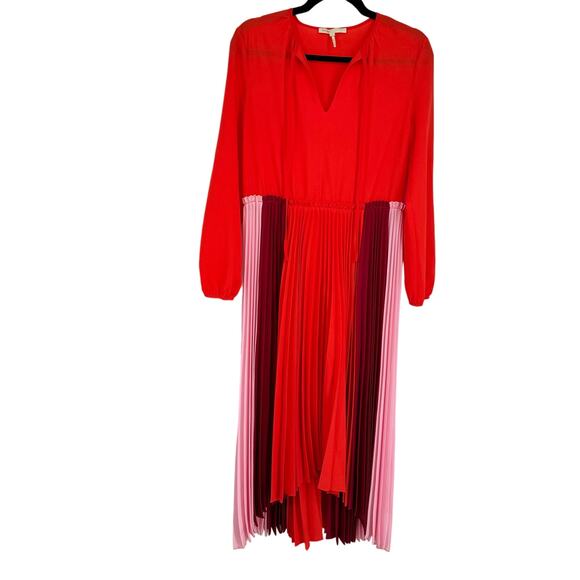 Maje Reona Color Block Pleated Shirt Dress Red & Pink Size 3 - Picture 3 of 10